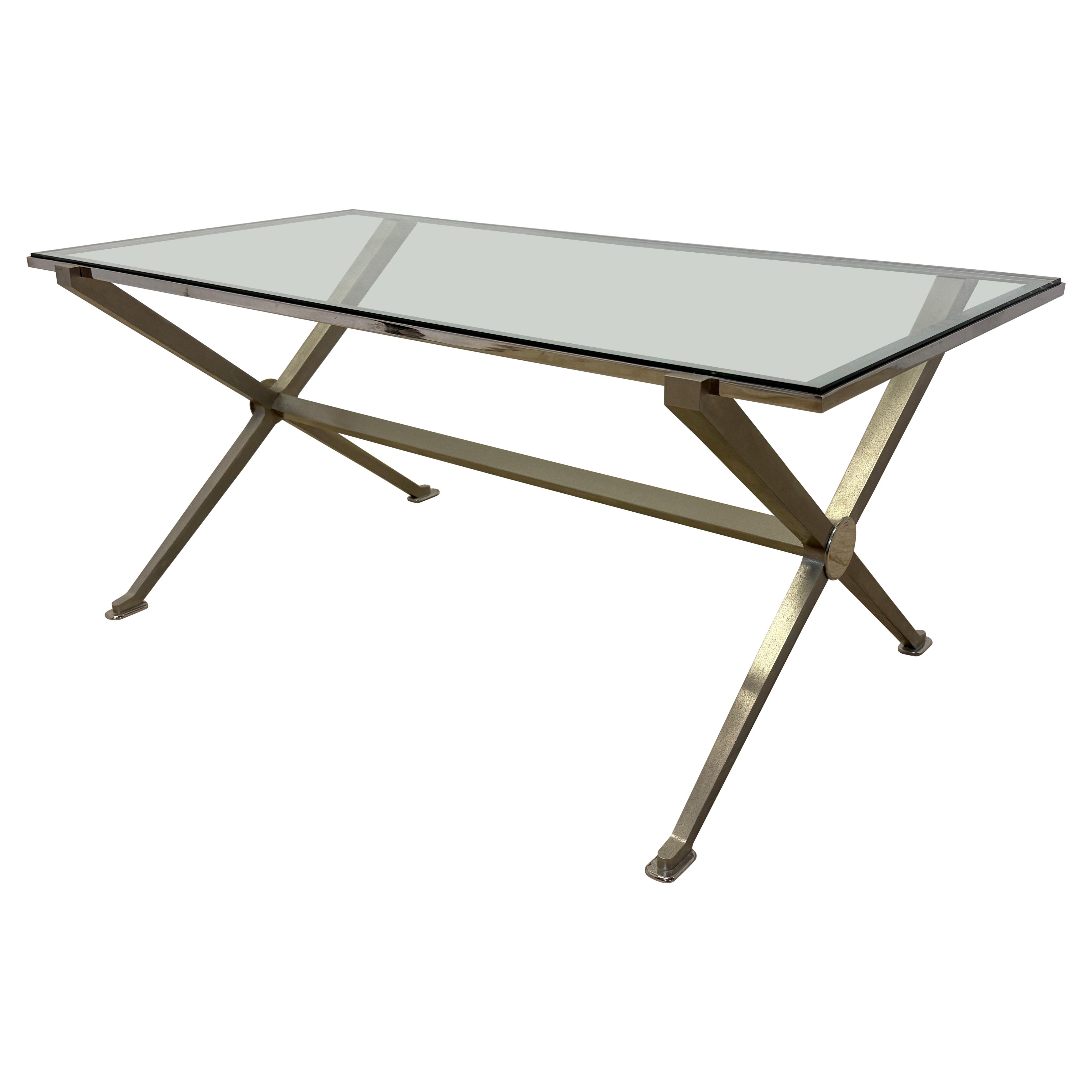 French Art Deco Revival Glass and Steel Coffee or Cocktail Table, 1970s - 1 of 2 For Sale