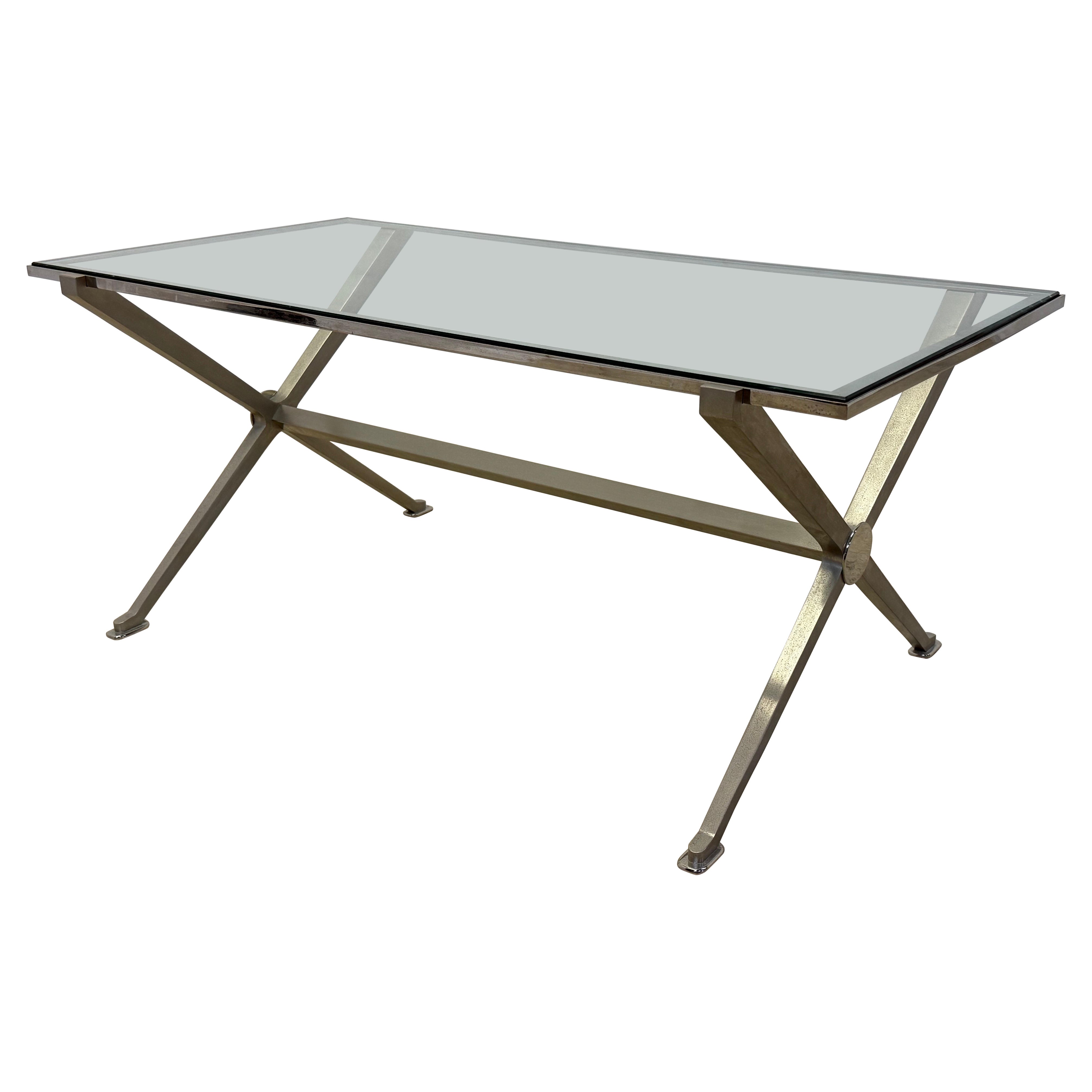 French Art Deco Revival Glass and Steel Coffee or Cocktail Table, 1970s - 2 of 2