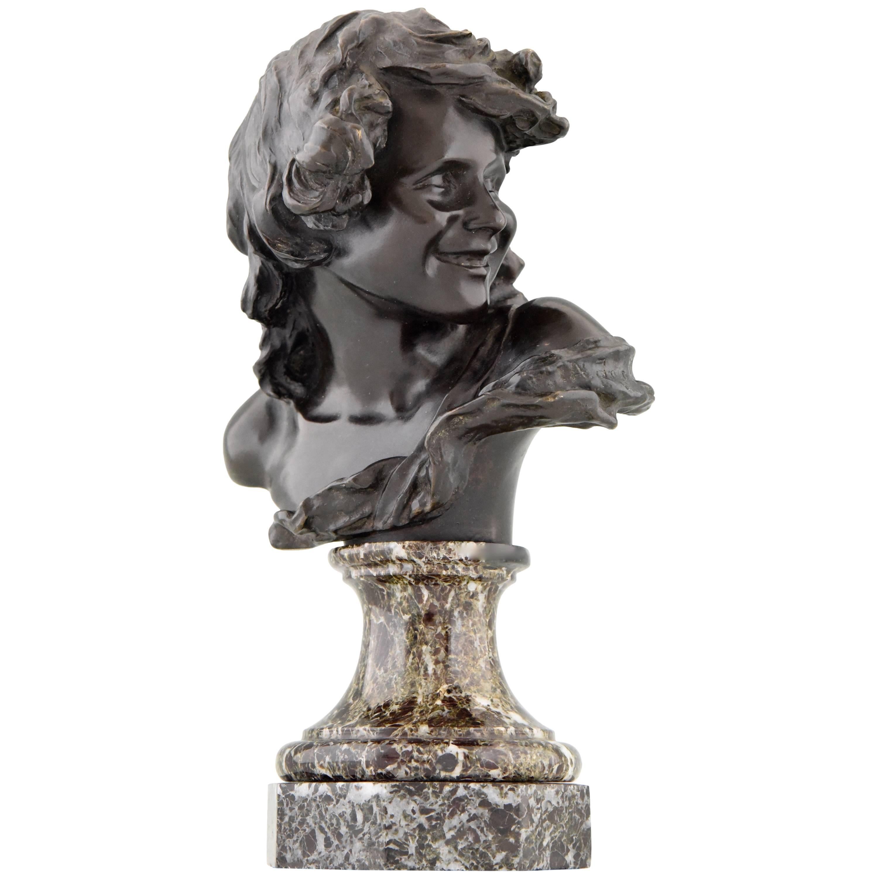 French Antique Bronze Bust of a Smiling Child by Injalbert, 1900