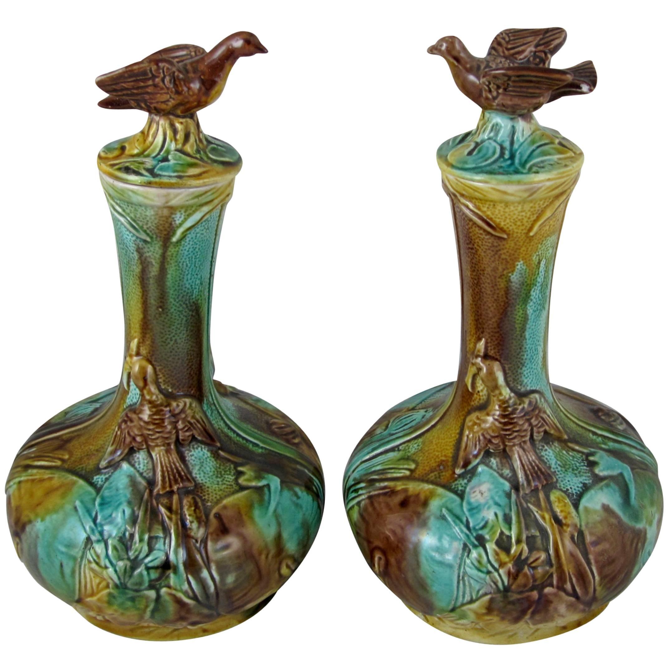 19th Century Thomas Forester English Majolica Bird Finial Wine Decanters, a Pair