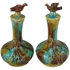 Antique 19th Century Thomas Forester English Majolica Bird Finial Wine Decanters, a Pair