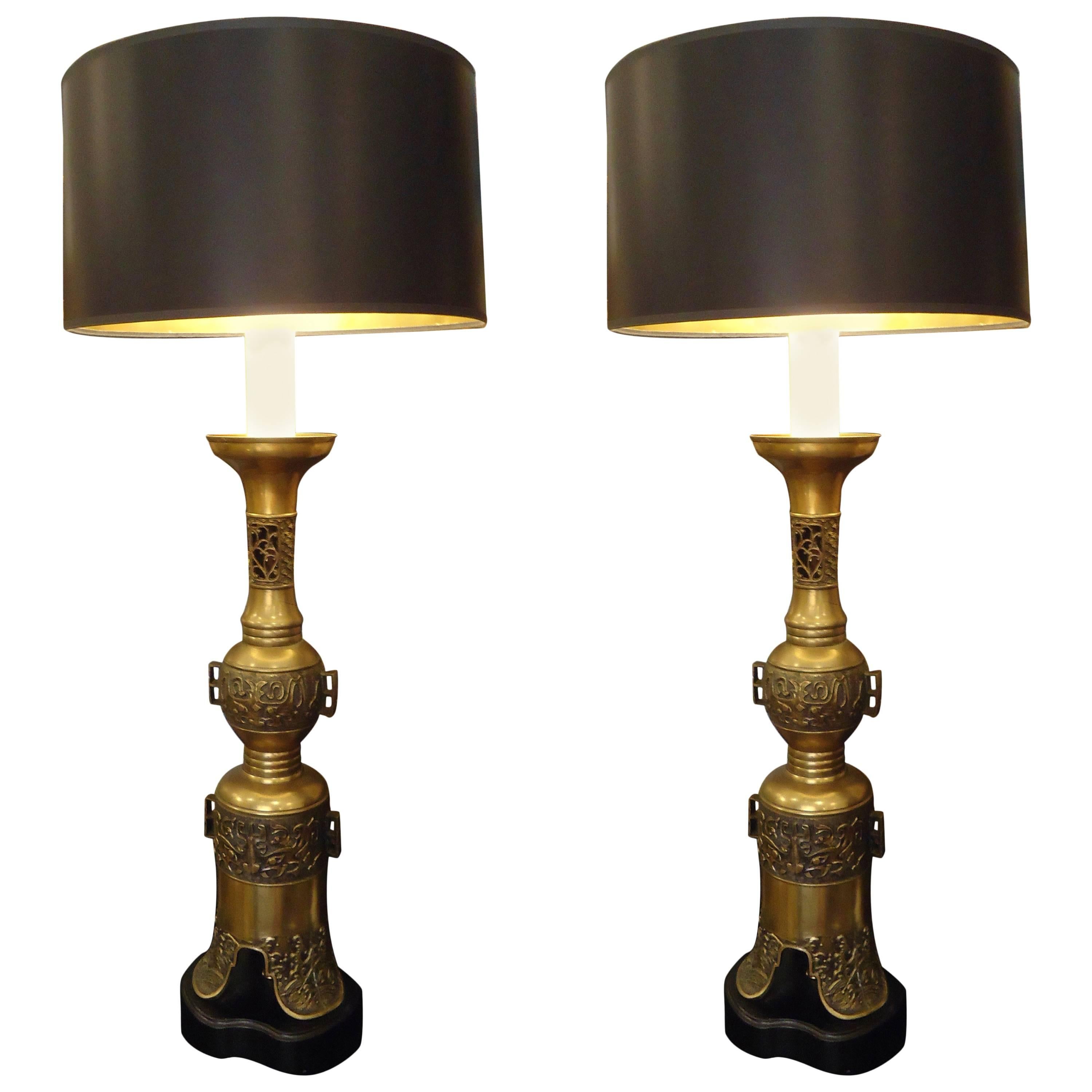 Pair of Very Tall Brass Japanese Table Lamps