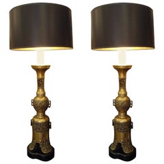 Vintage Pair of Very Tall Brass Japanese Table Lamps