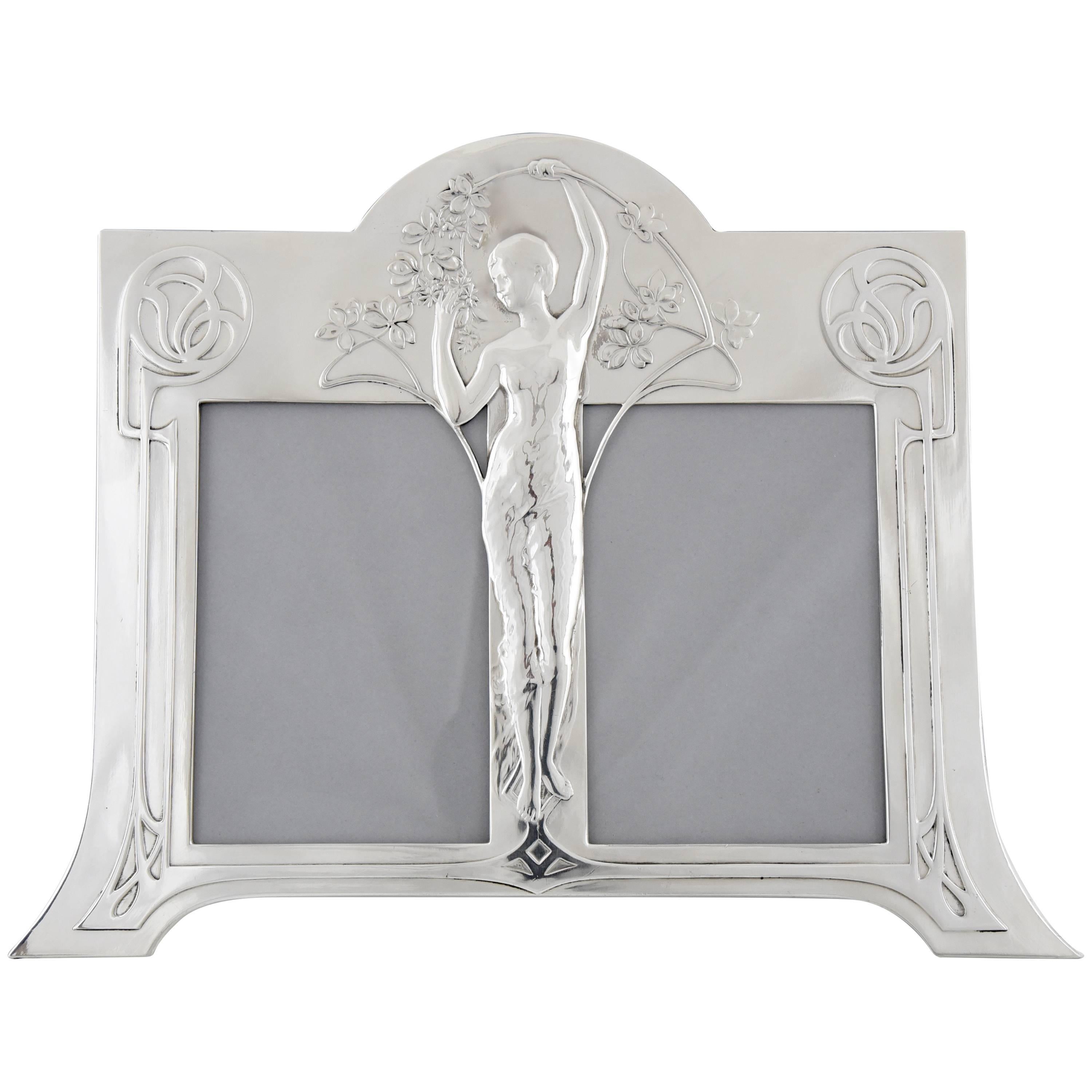 Art Nouveau Silvered Photo Frame with Maiden by WMF, 1906