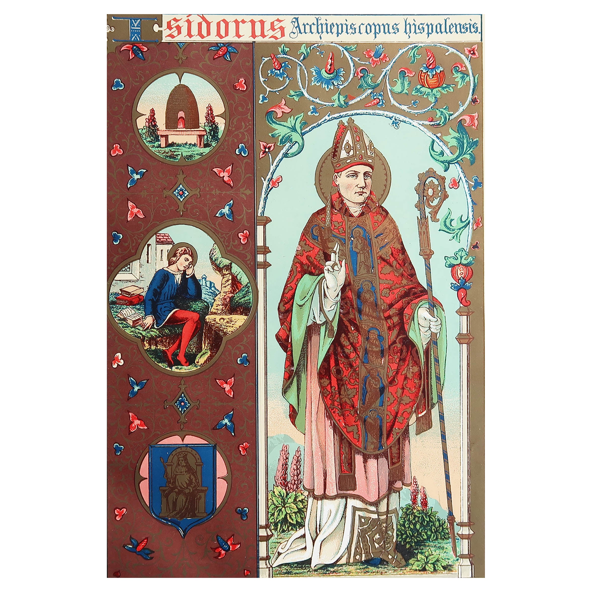 Original Antique Illuminated Print of St Isodore of Seville. C.1880