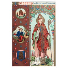 Original Antiker beleuchteter Originaldruck des heiligen Isodore von Sevilla. C.1880