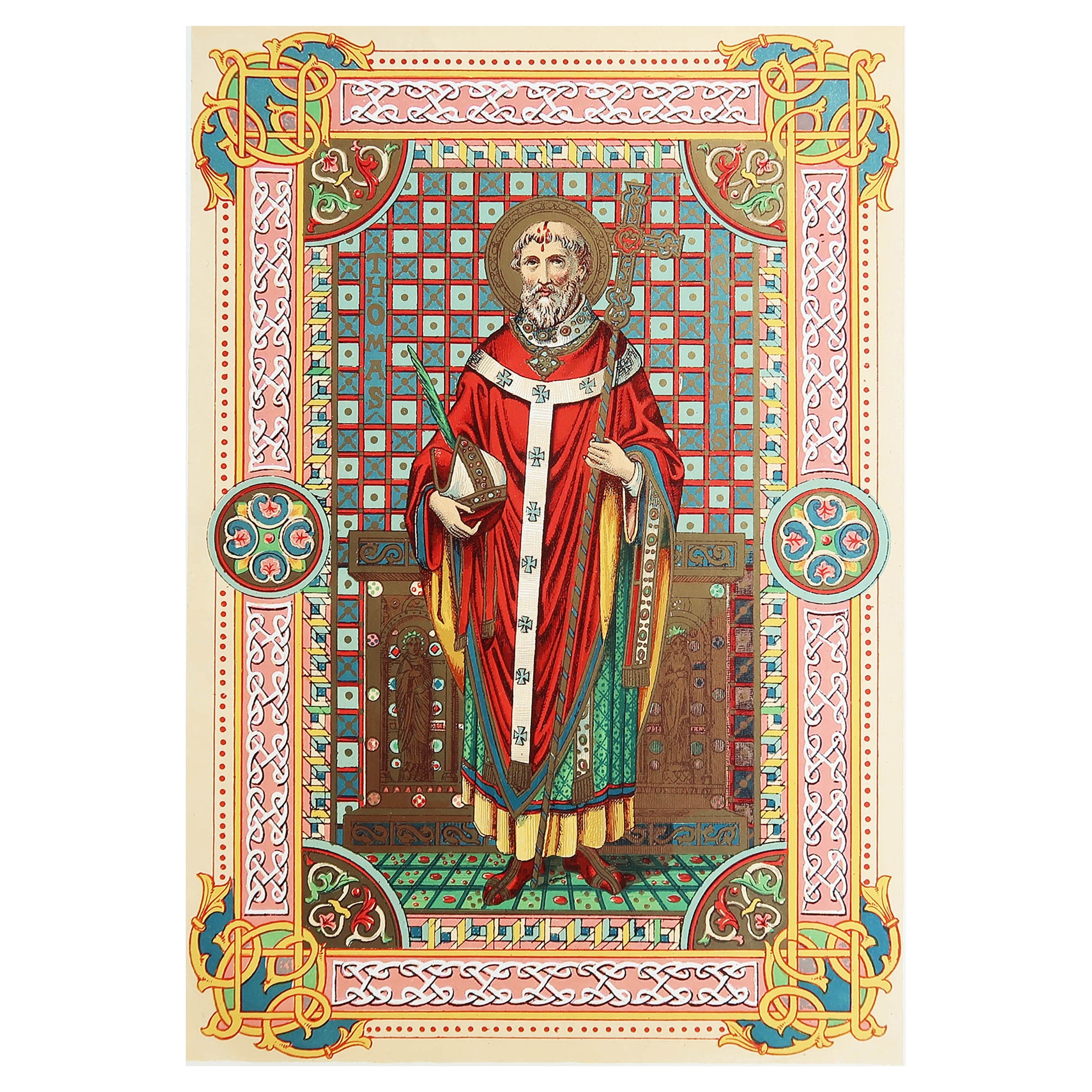 Grabado iluminado original antiguo de Santo Tomás Becket. C.1880