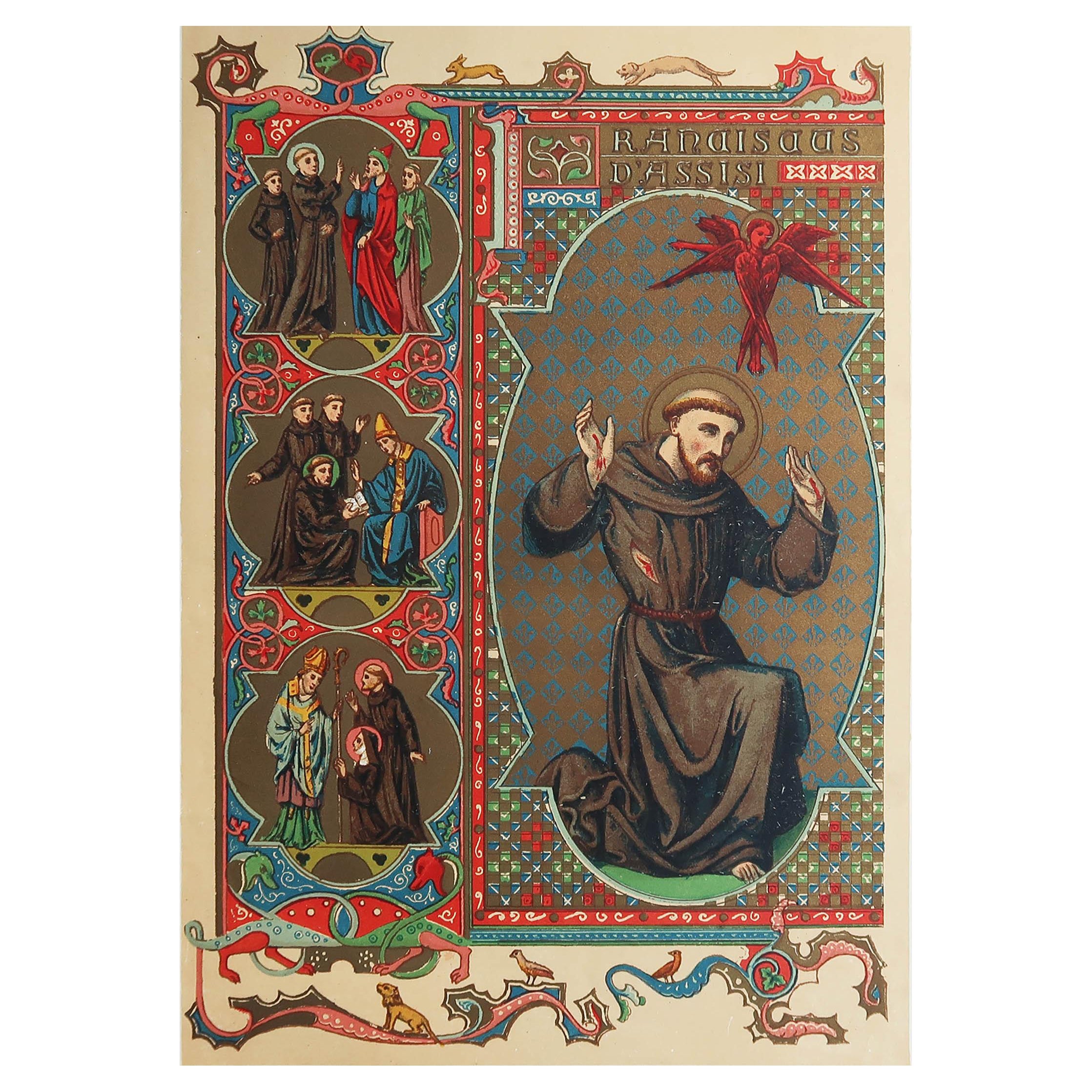 Impression ancienne enluminée originale de Saint François d'Assisi. C.1880