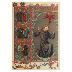 Impression ancienne enluminée originale de Saint François d'Assisi. C.1880