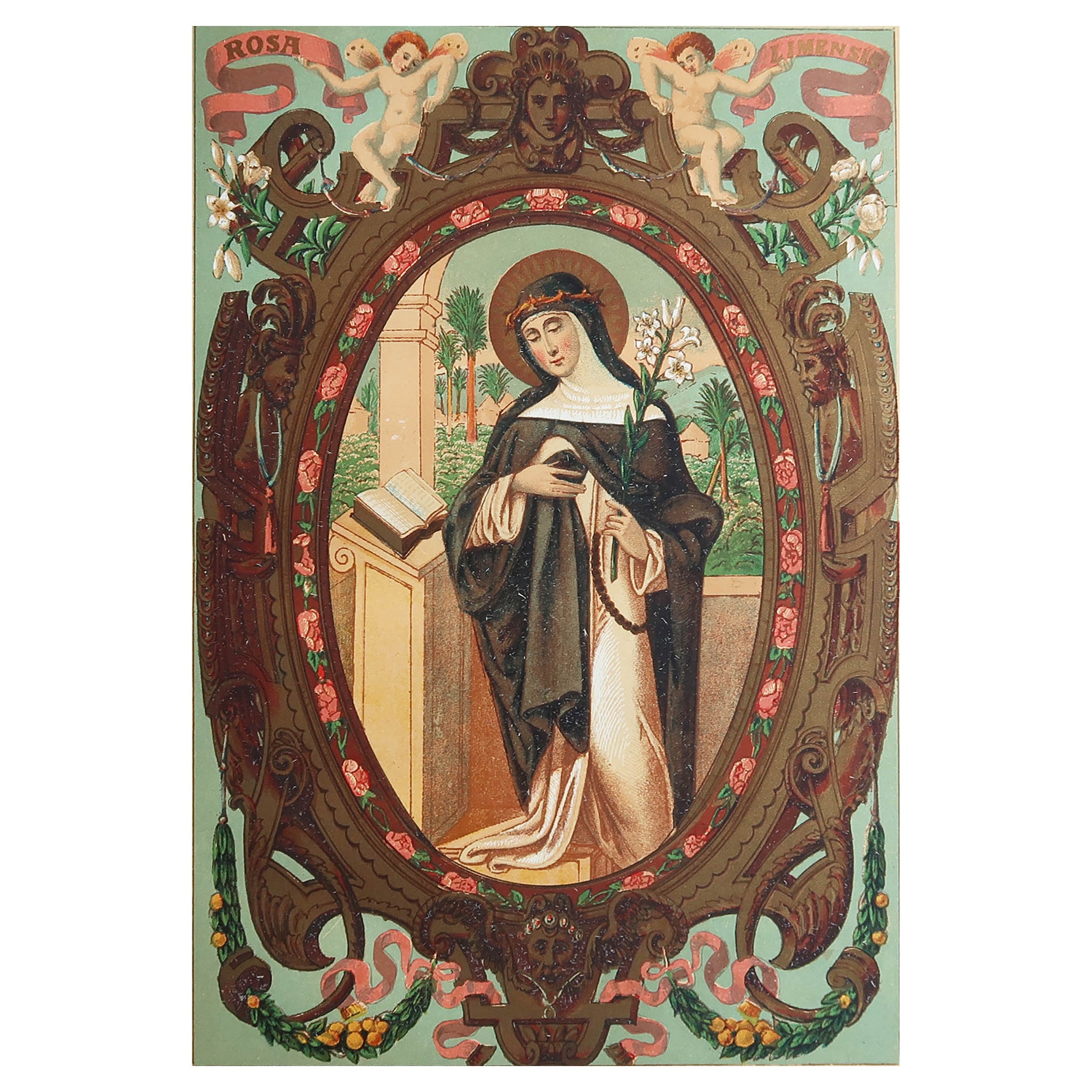 Impression originale enluminée de St Rosa de Lima. C.1880 en vente