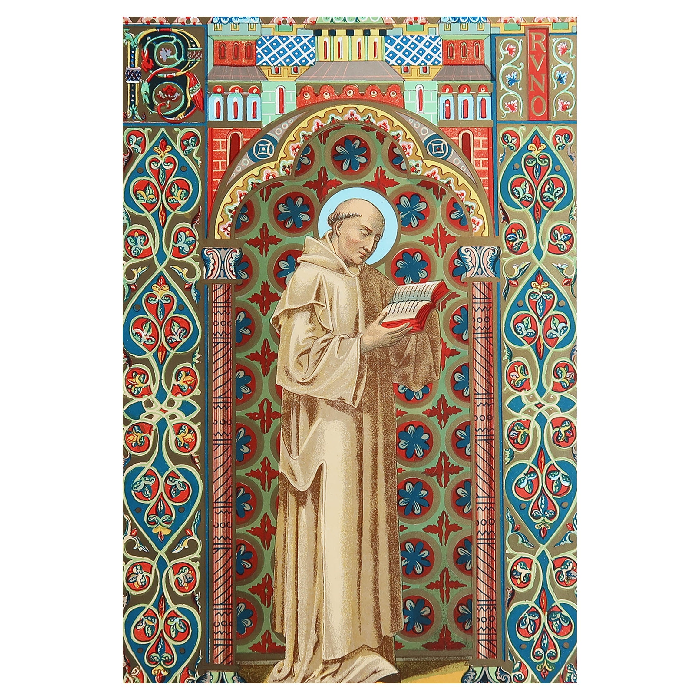 Impression originale enluminée de Saint Bruno de Cologne C.1880