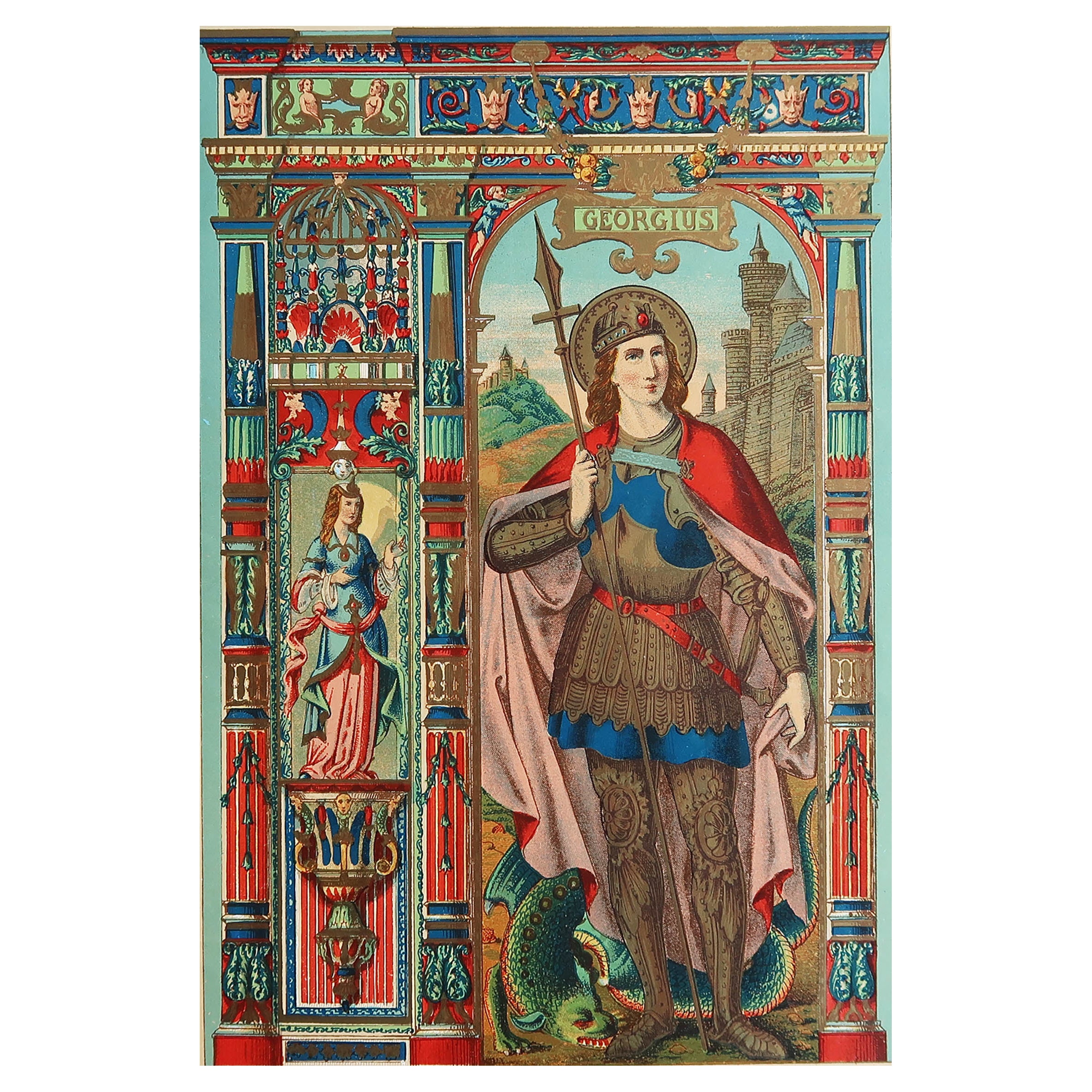 Grabado Iluminado Antiguo Original de San Jorge. C.1880