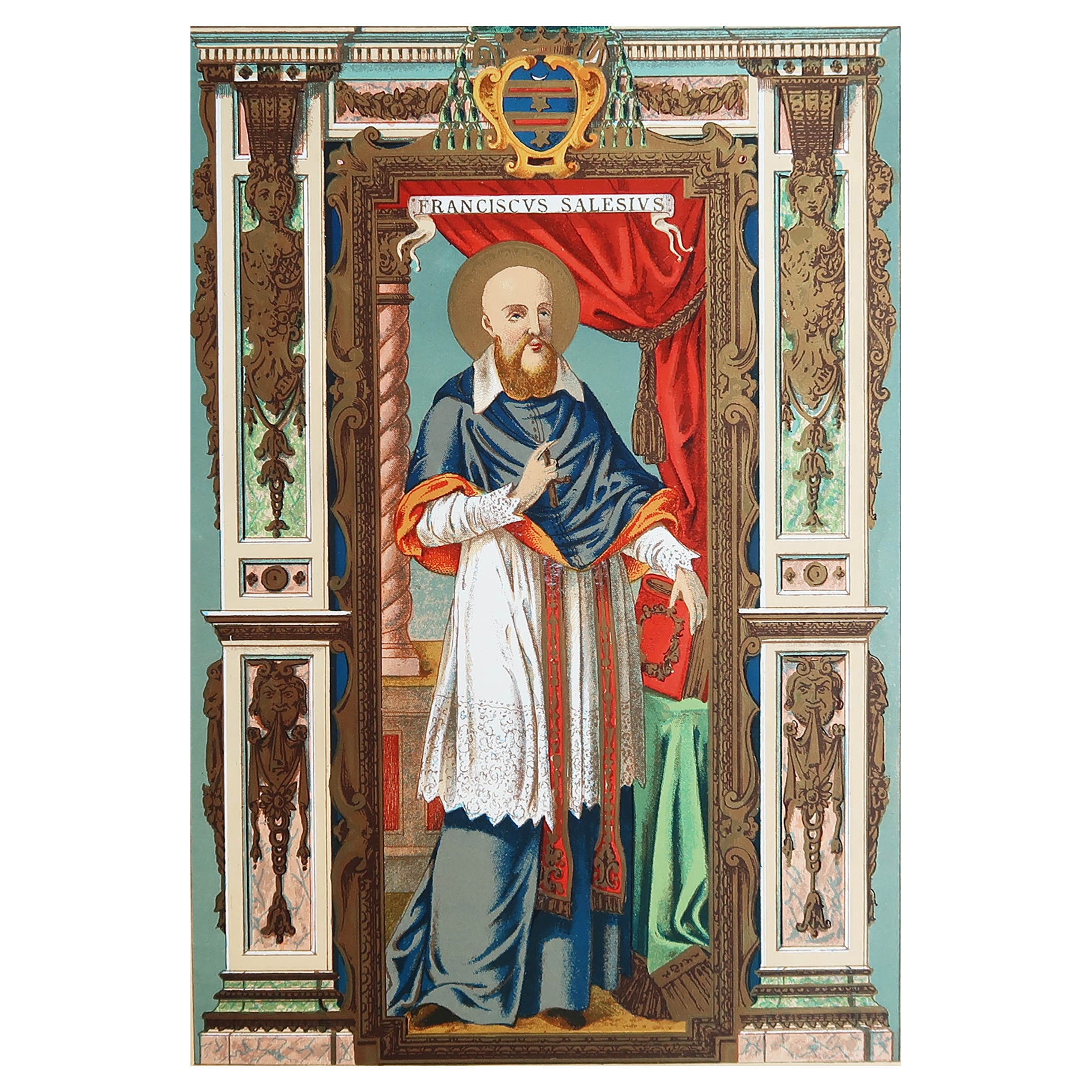 Original Antique Illuminated Print of St Francis of Sales C.1880