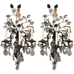 Spectacular Pair Vintage Maison Baguès Gilt Rock Crystal Palatial Wall Sconces 