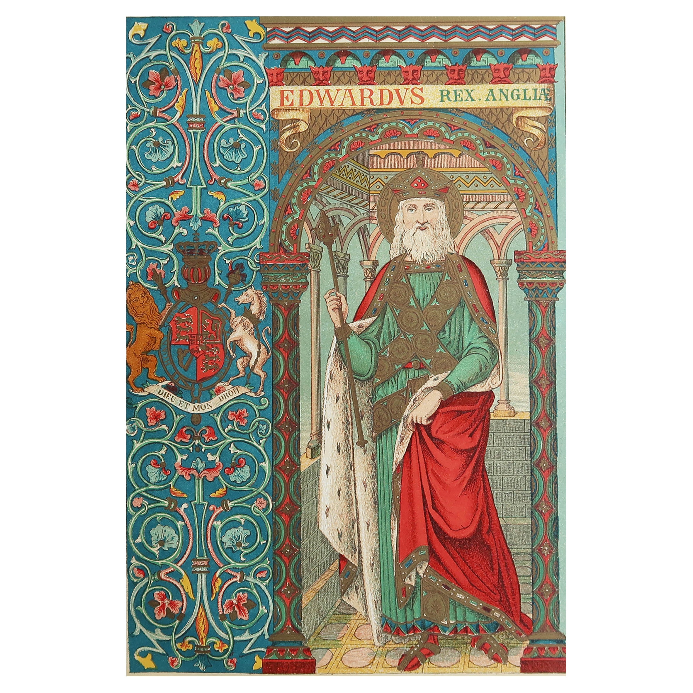 Original Antique Illuminated Print of St Edward The Confessor. C.1880
