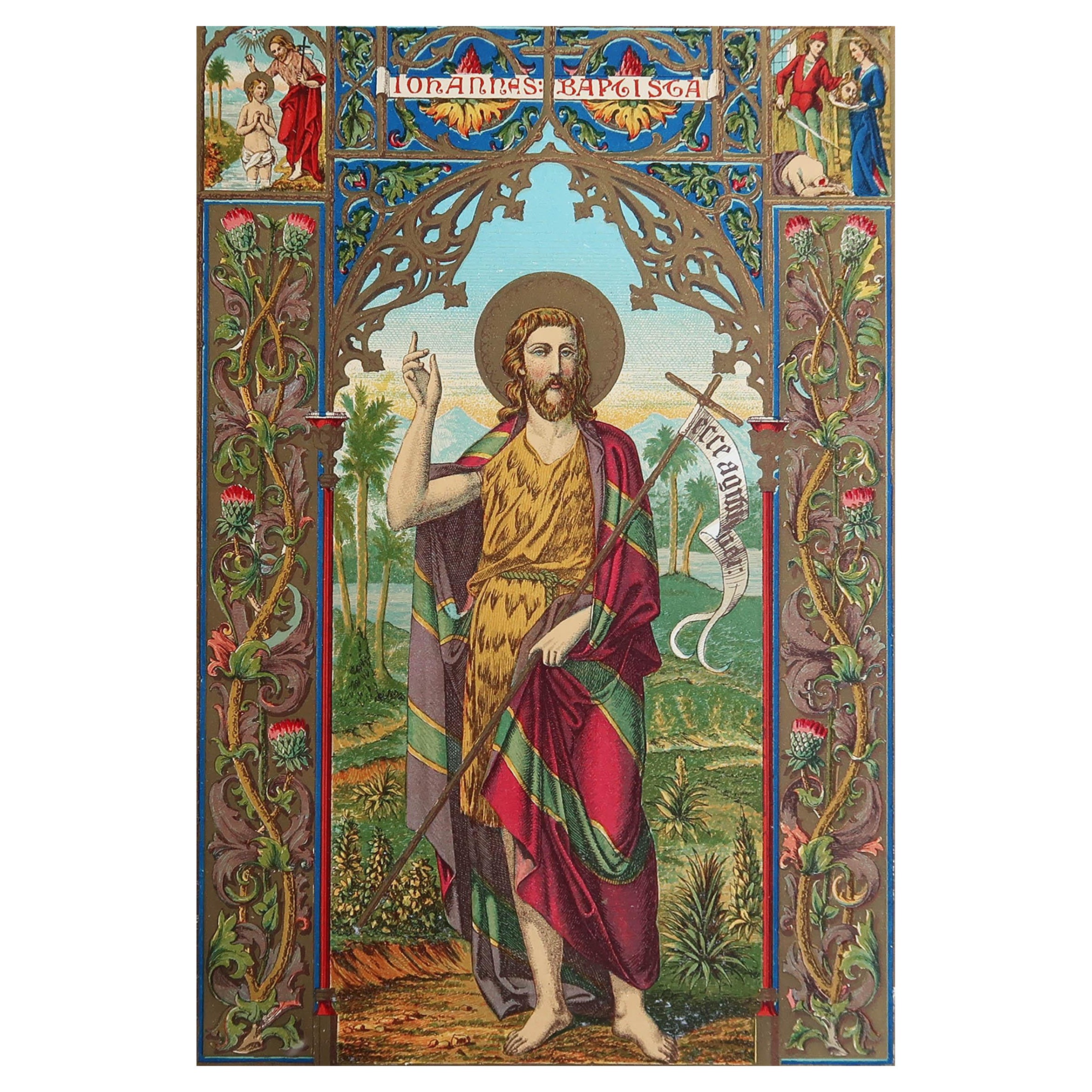 Original Antique Illuminated Print of St John The Baptist. C.1880