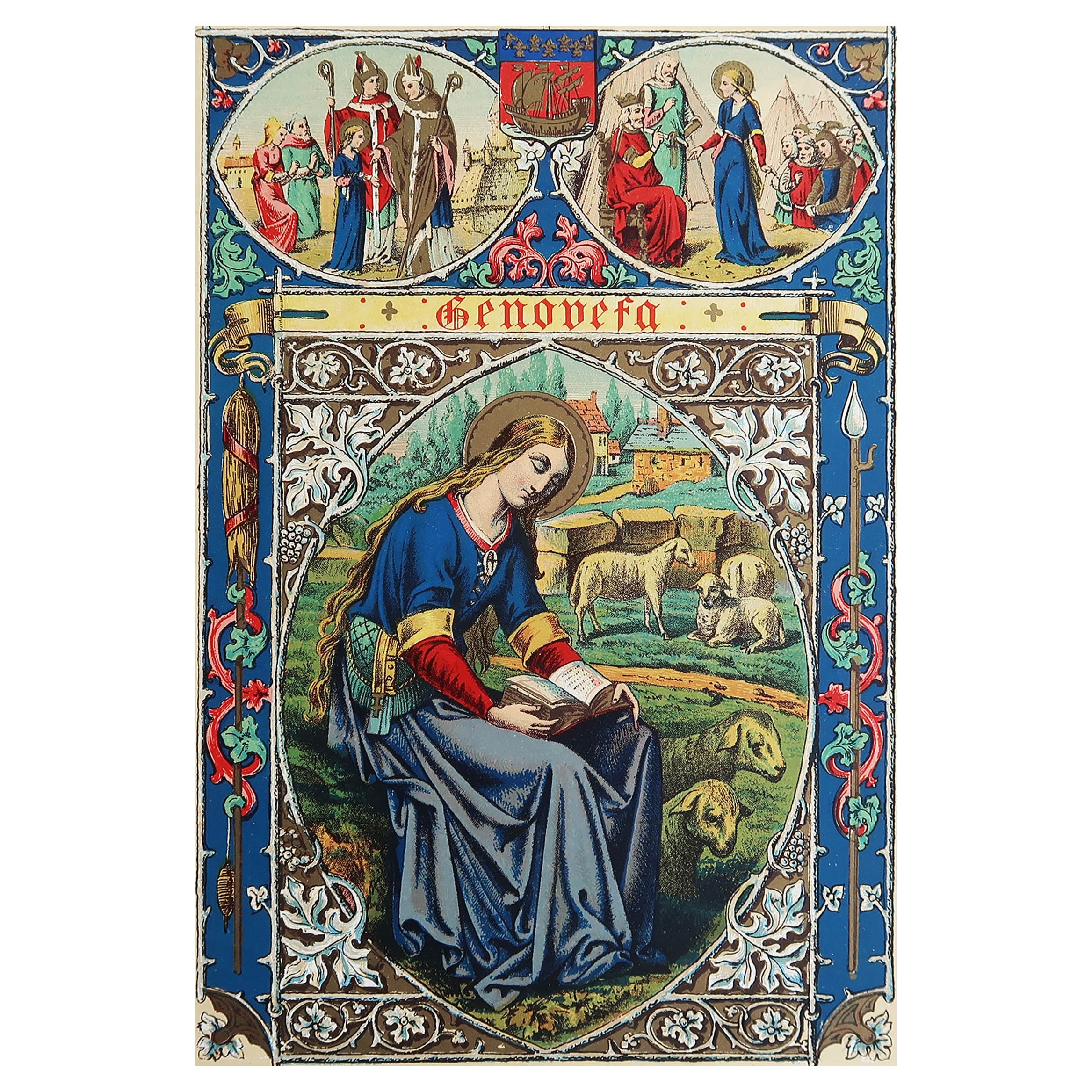 Grabado Iluminado Antiguo Original de Santa Genoveva. C.1880