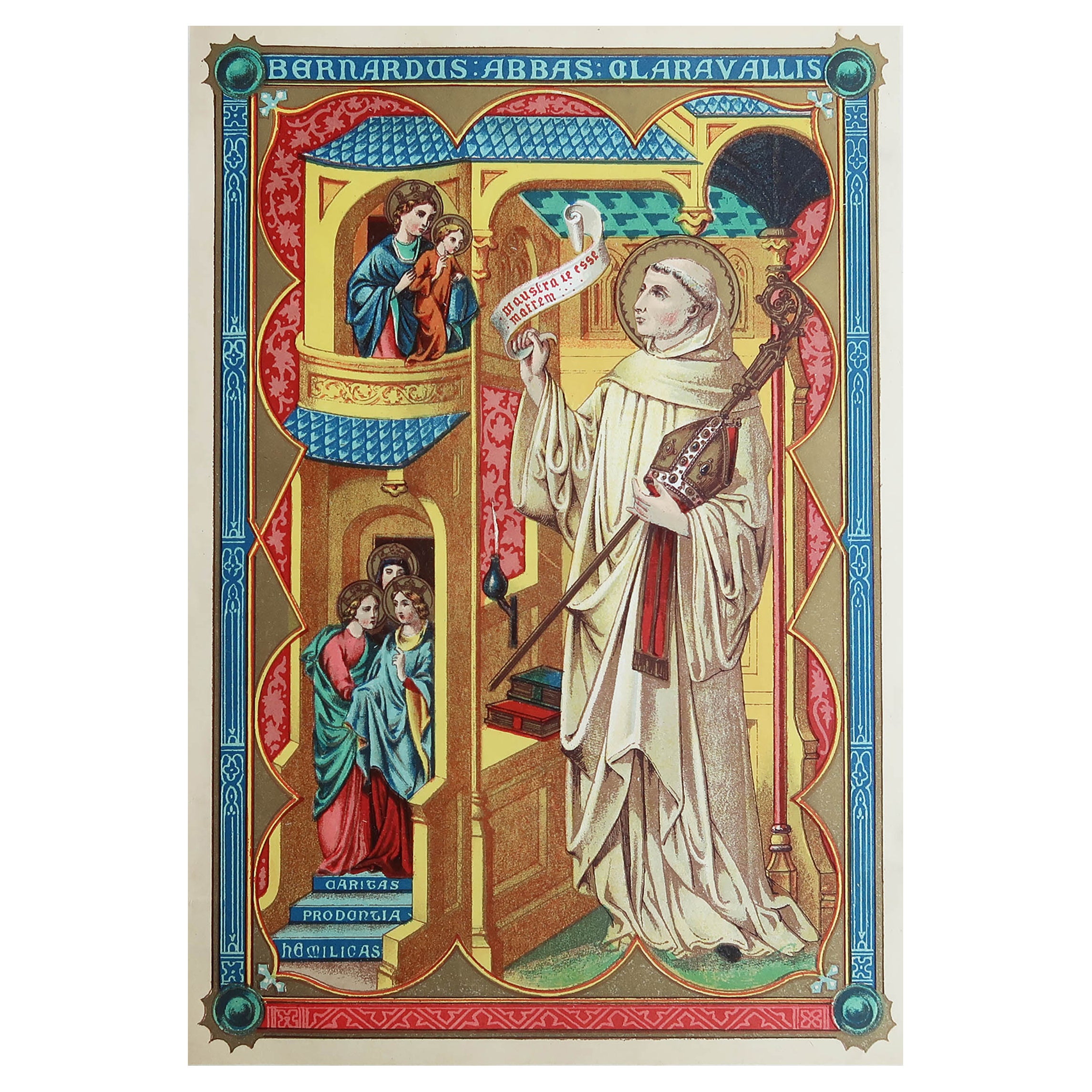 Impression originale enluminée de Saint Bernard de Clairvaux. C.1880