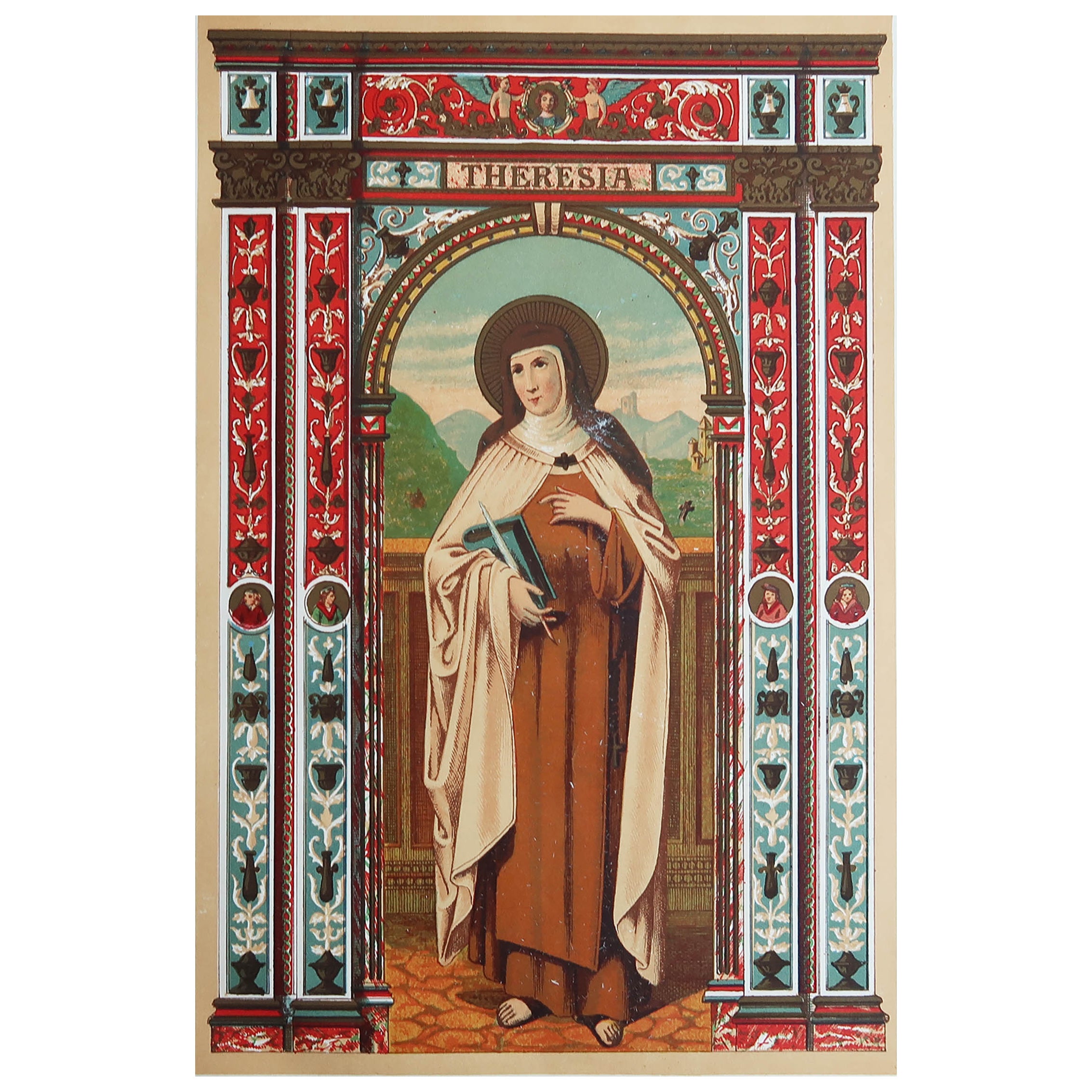 Impression ancienne enluminée originale de Sainte-Thérèse d'Avila. C.1880 en vente