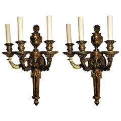 Elegant Pair Neoclassical Gilt Bronze Urn Form French Flame Top Regency Sconces