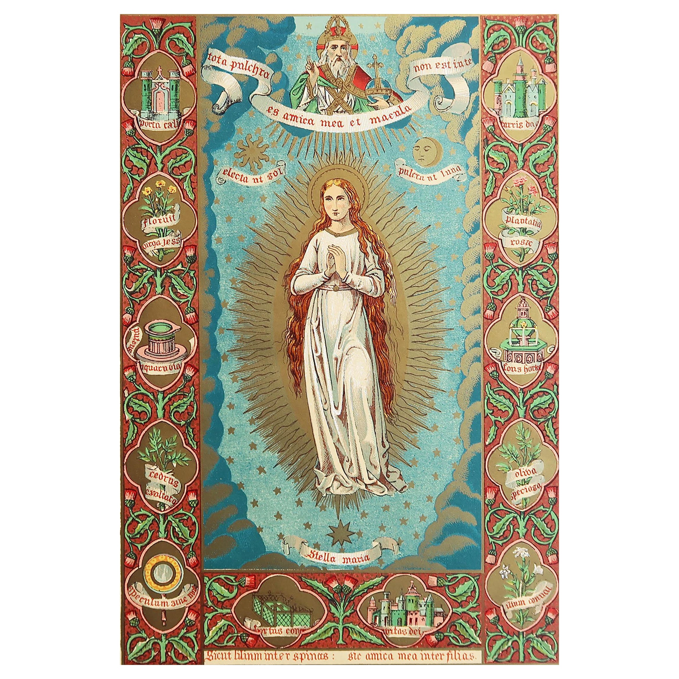 Original Antique Illuminated Print of The Virgin Mary. C.1880