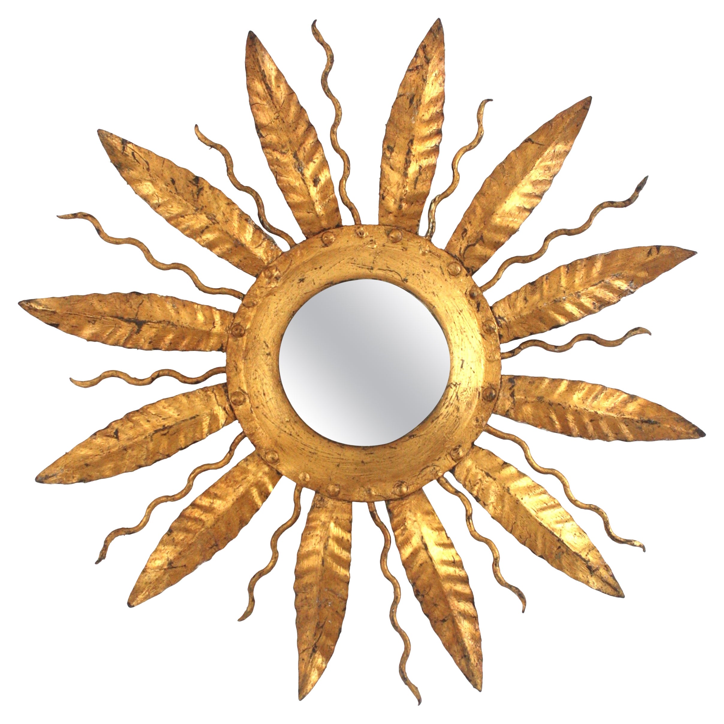 Spanish Sunburst Mirror in Gilt Iron, Sunbeams and Leaves Frame, 1950s