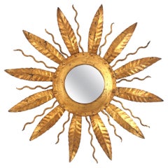 Spanish Sunburst Mirror in Gilt Iron, Sunbeams and Leaves Frame, 1950s