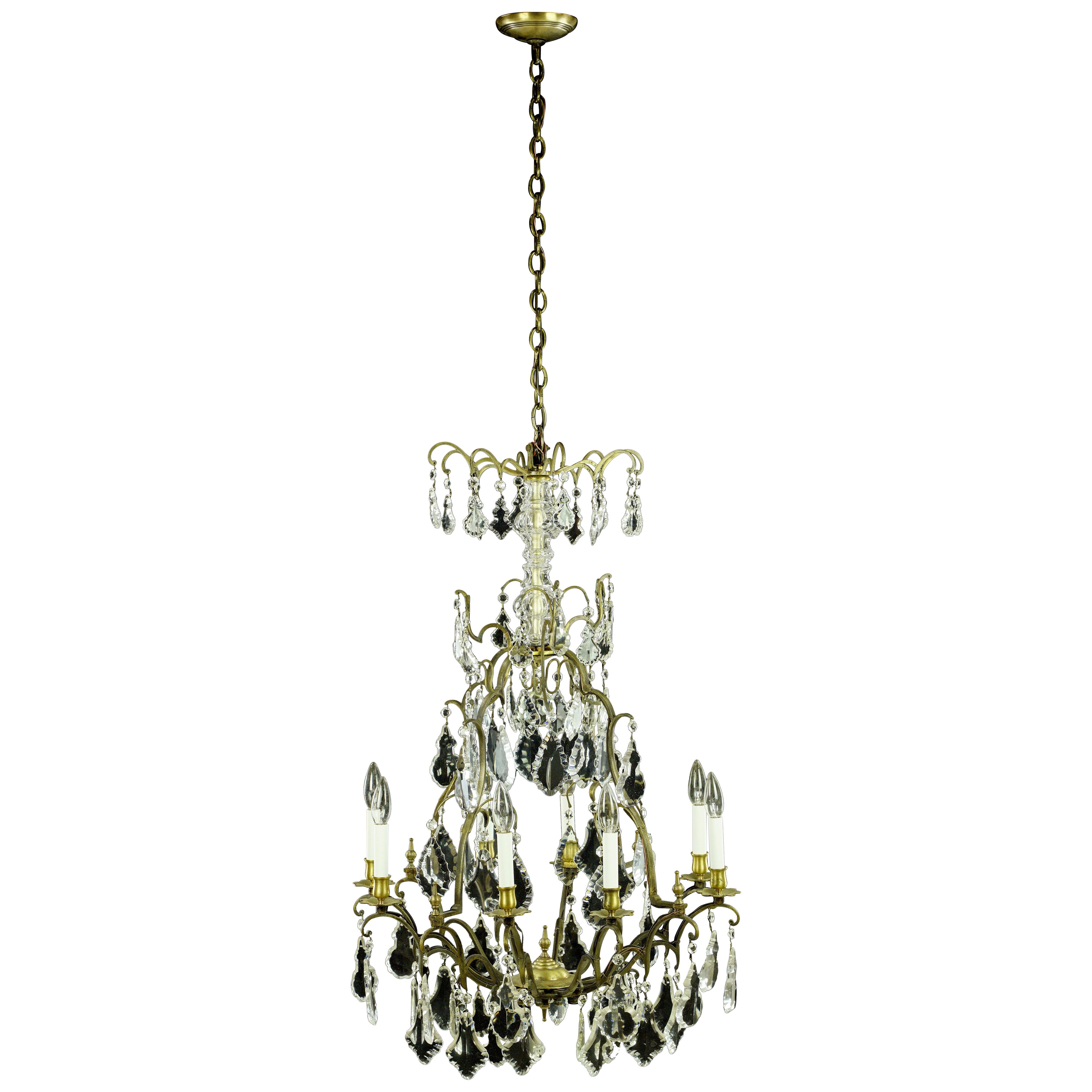 Antique French 8 Arm Brass Crystal Glass Chandelier