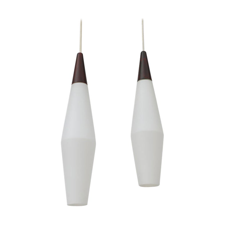 Mid-Century Philips Opaline Milk Glass Pendants with Faux Rosewood Tops