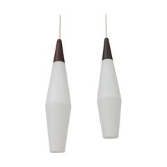 Mid-Century Philips Opaline Milk Glass Pendants with Faux Rosewood Tops