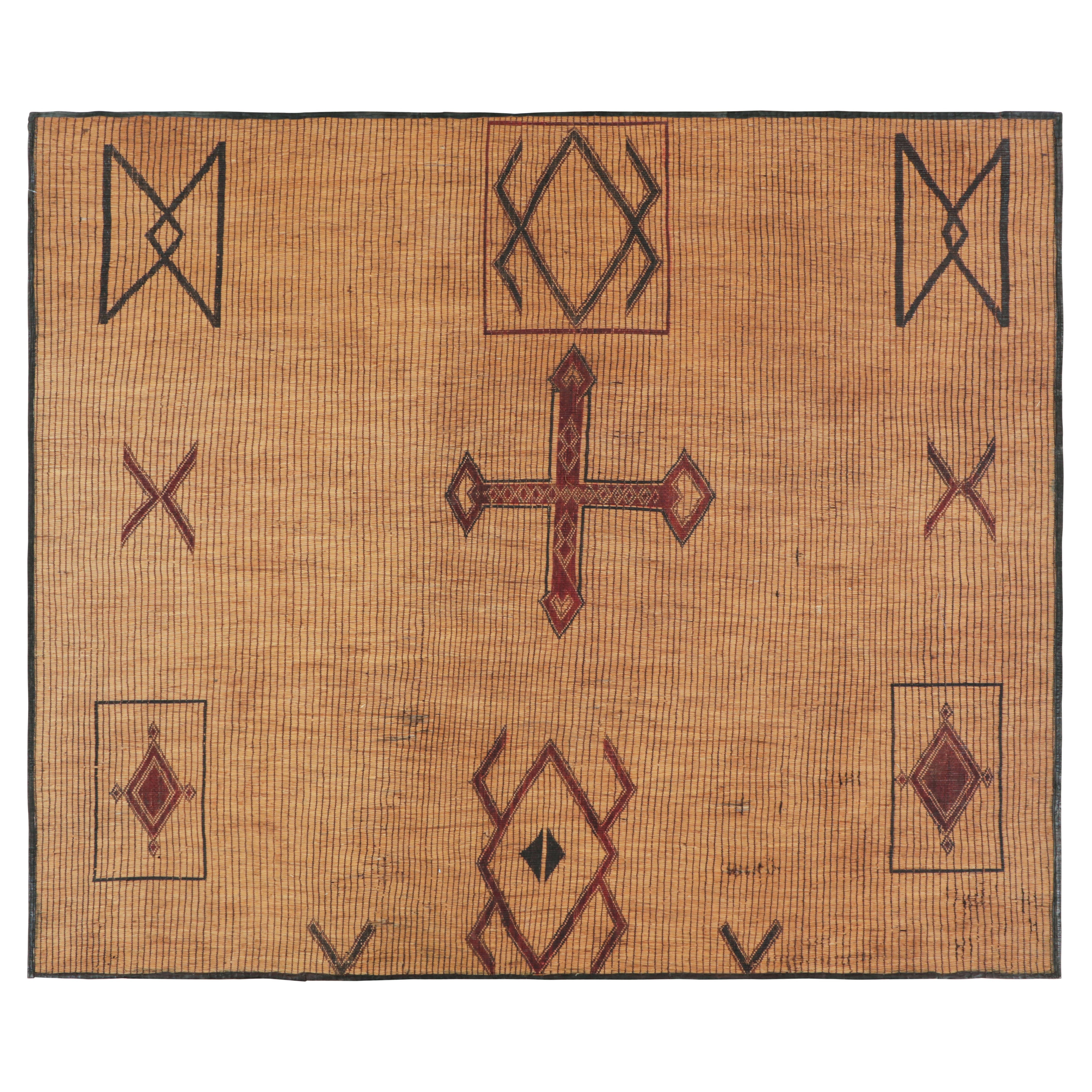 Vintage Tuareg Mat Rug with Beige-Brown and Red Geometric Patterns - Rug & Kilim