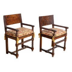Antique Matched Pair French Louis XIV Period Walnut Hallway Armchairs, early 18th cen.