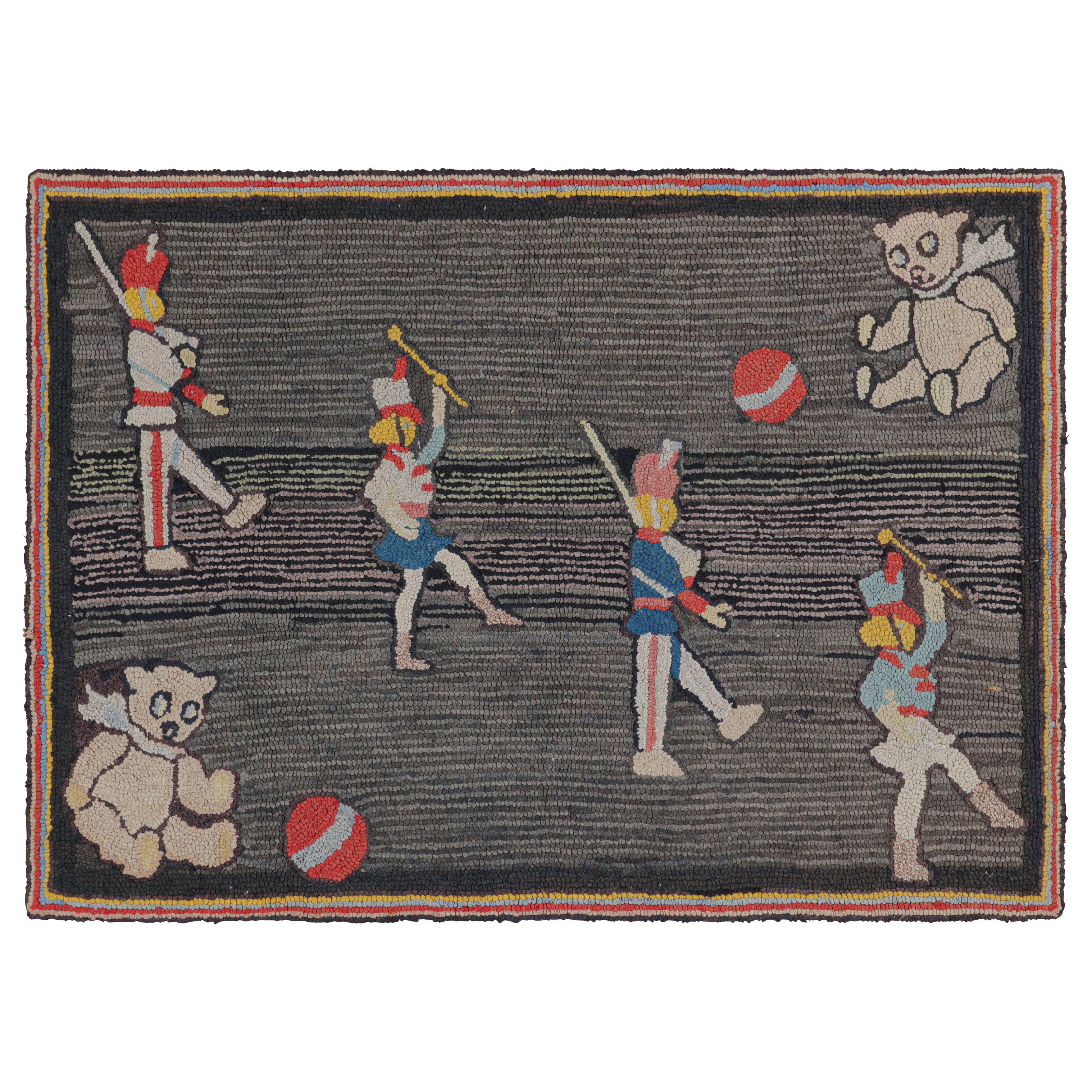 Antique Hooked Rug in Gray and Red with Pictorial Patterns - Rug & Kilim For Sale