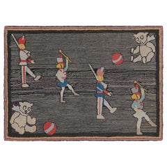 Antique Hooked Rug in Gray and Red with Pictorial Patterns - Rug & Kilim