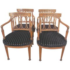 Set of Four 1950s Style Vintage Fruitwood Carved Armchairs