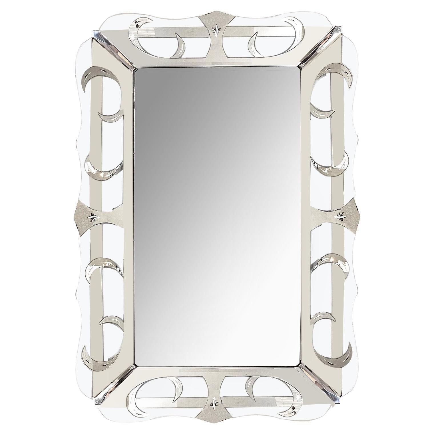 Large 1950s Hollywood Regency Mirror with Etched and Mirrored Glass Frame