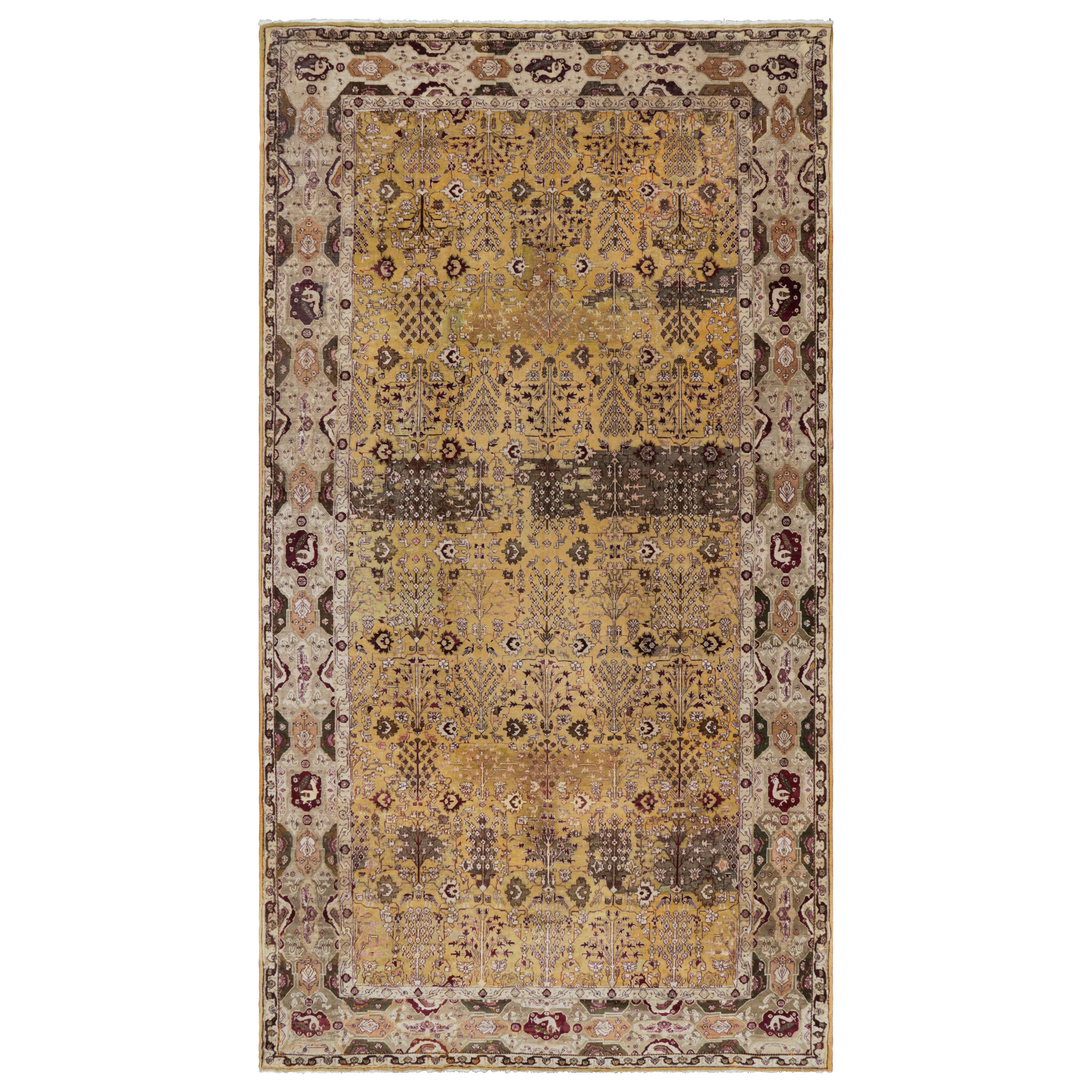 Oversized Antique Agra Rug in Gold with Floral Patterns - Rug & Kilim For Sale