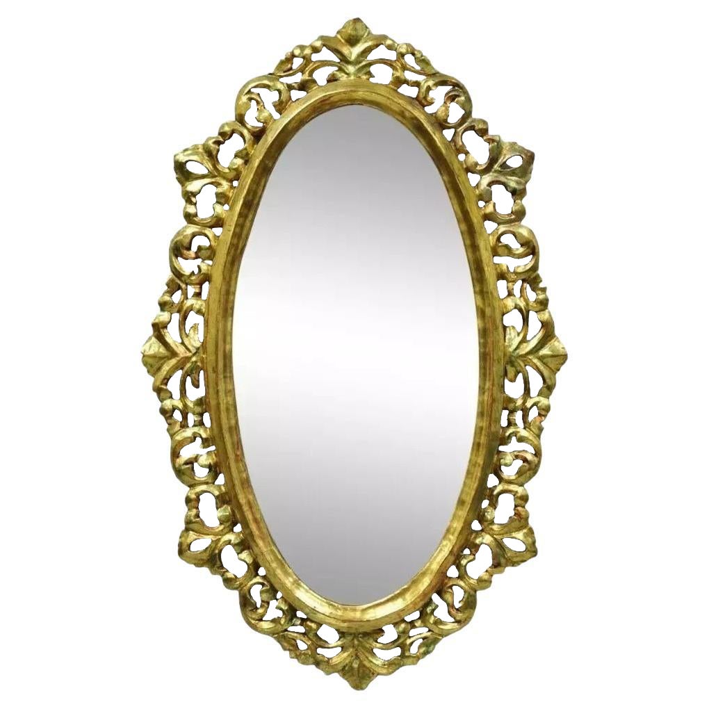 Vintage French Baroque Rococo Style Gold Carved Wood Giltwood Oval Wall Mirror