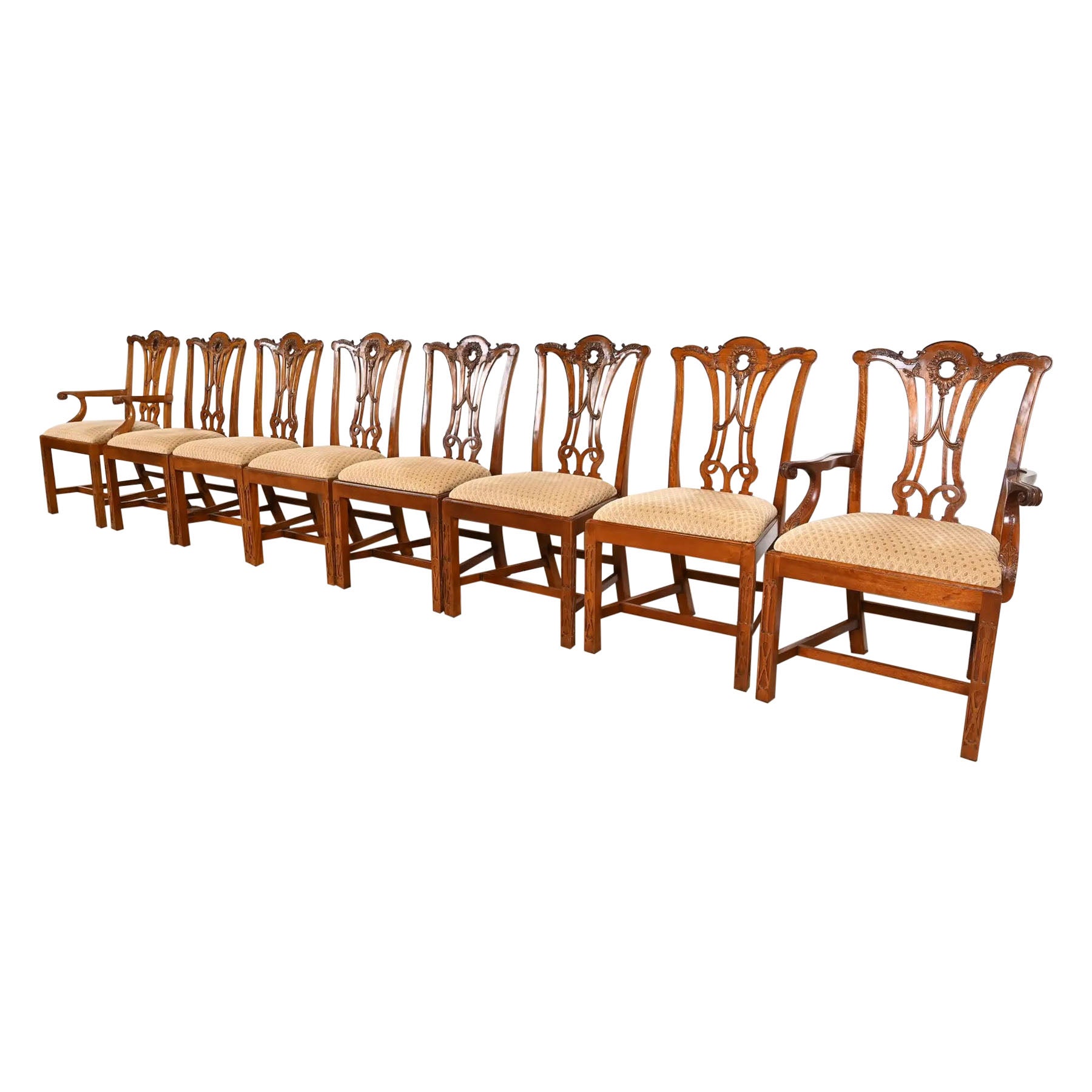 Baker Furniture Style Georgian Carved Mahogany Dining Chairs, Set of Eight