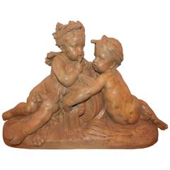 Antique Excellent 19th Century Terracotta Group of Two Putti by A. Carrier-Belleuse