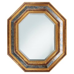 Gilded octagonal mirror by Deknudt Belgium decorated with smoked mirror glass
