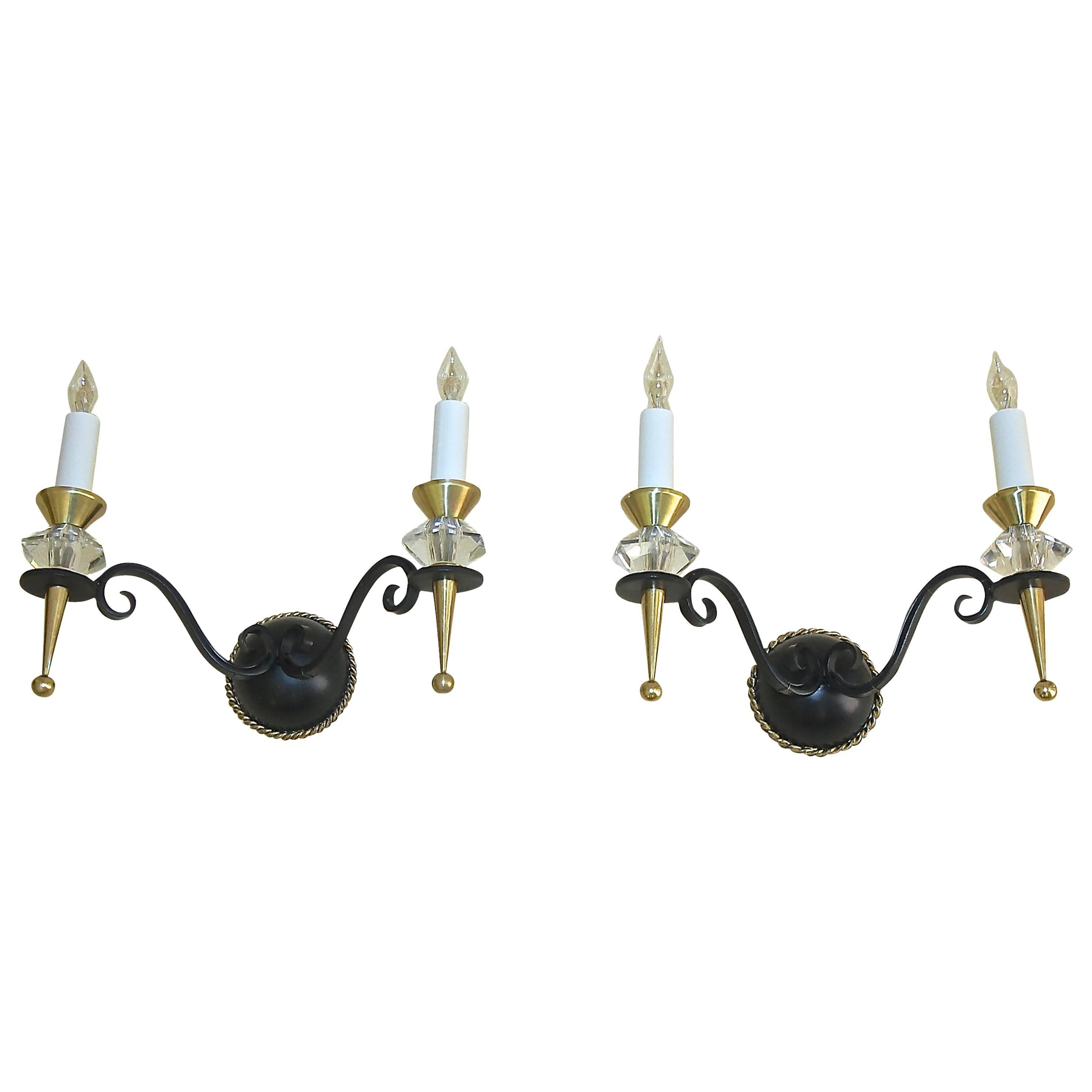 Pair French Leleu Art Deco Brass Crystal and Painted Iron Sconces For Sale