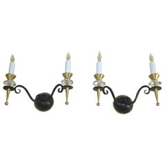 Pair French Leleu Art Deco Brass Crystal and Painted Iron Sconces