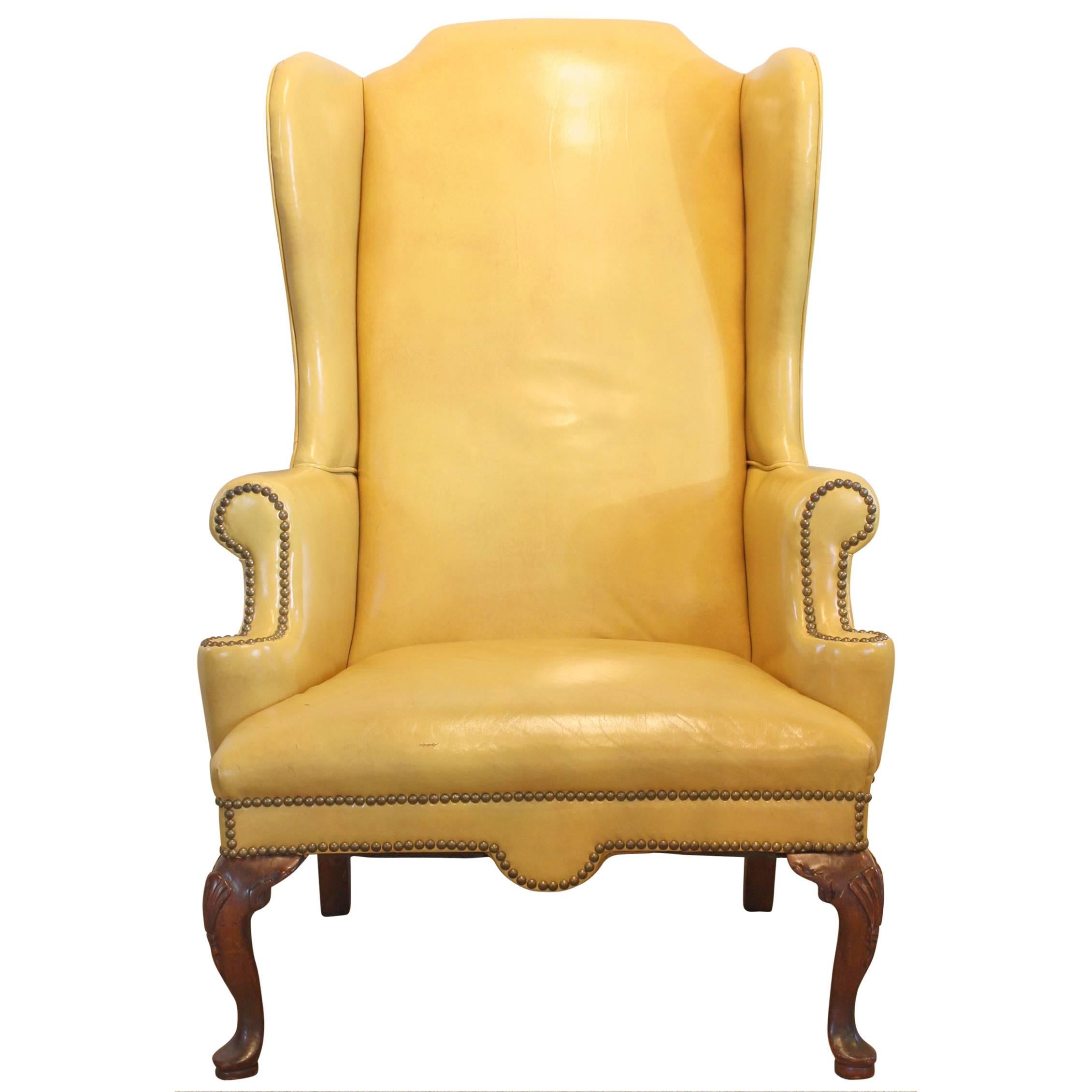 Mustard Yellow Leather Wing Chair