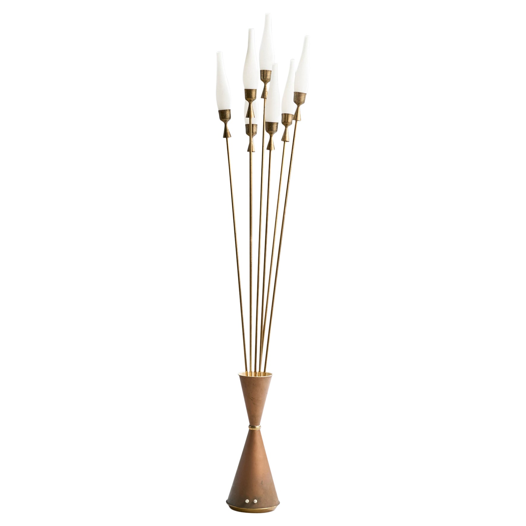 Italian Designer, Floor Lamp, Brass, Copper, Glass, Italy, 1950s For Sale