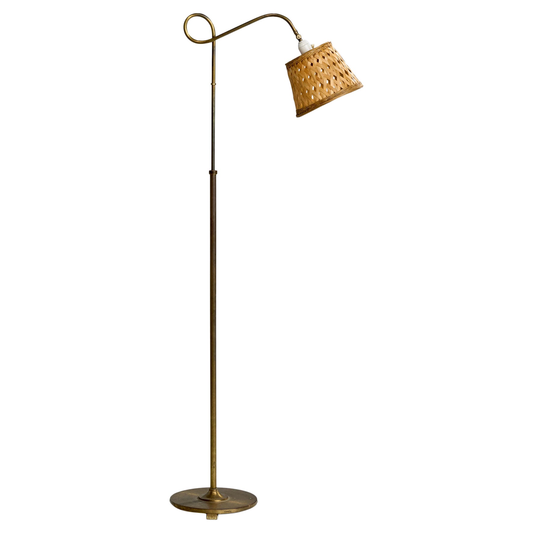 Danish Designer, Floor Lamp, Brass, Rattan, Denmark, 1940s