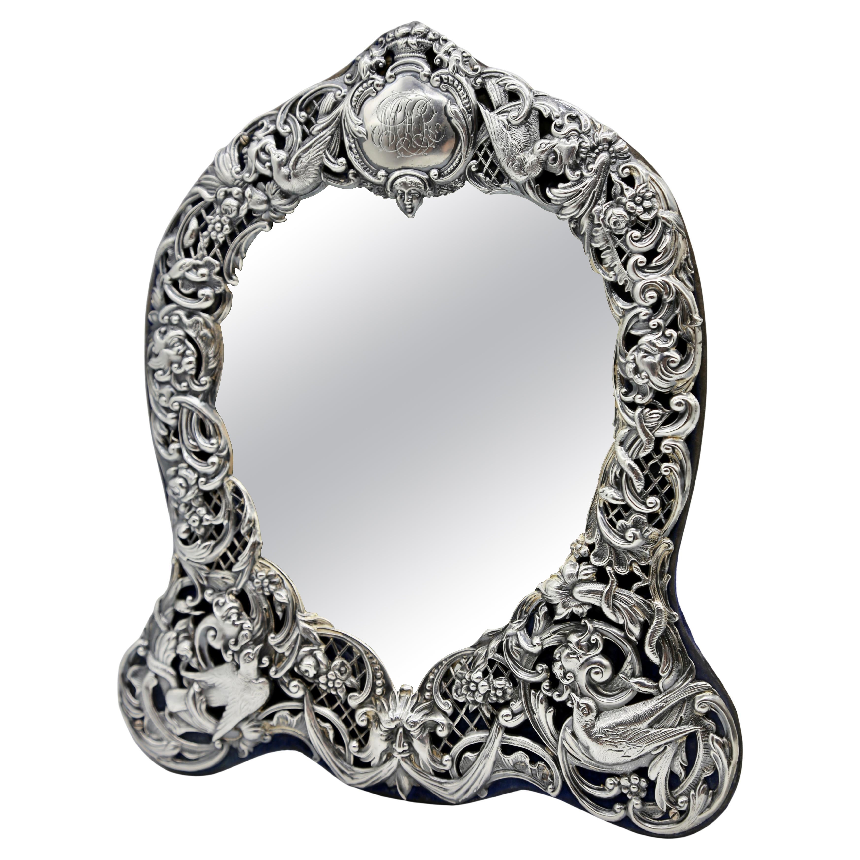 British Silver Victorian Embossed Heart Shaped Dressing Mirror Flowers Scrolls For Sale