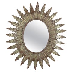 Spanish Sunburst Leafed Oval Mirror in Silvered Iron