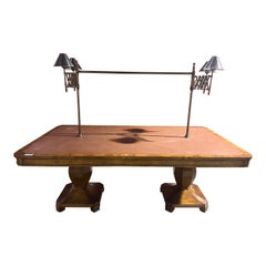 Fantastic English Yew Wood Library Table with Articulating Accordion Brass Lamps