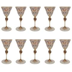 Set of Ten Fabulous Hand-Painted Enamel Murano Glass Goblets